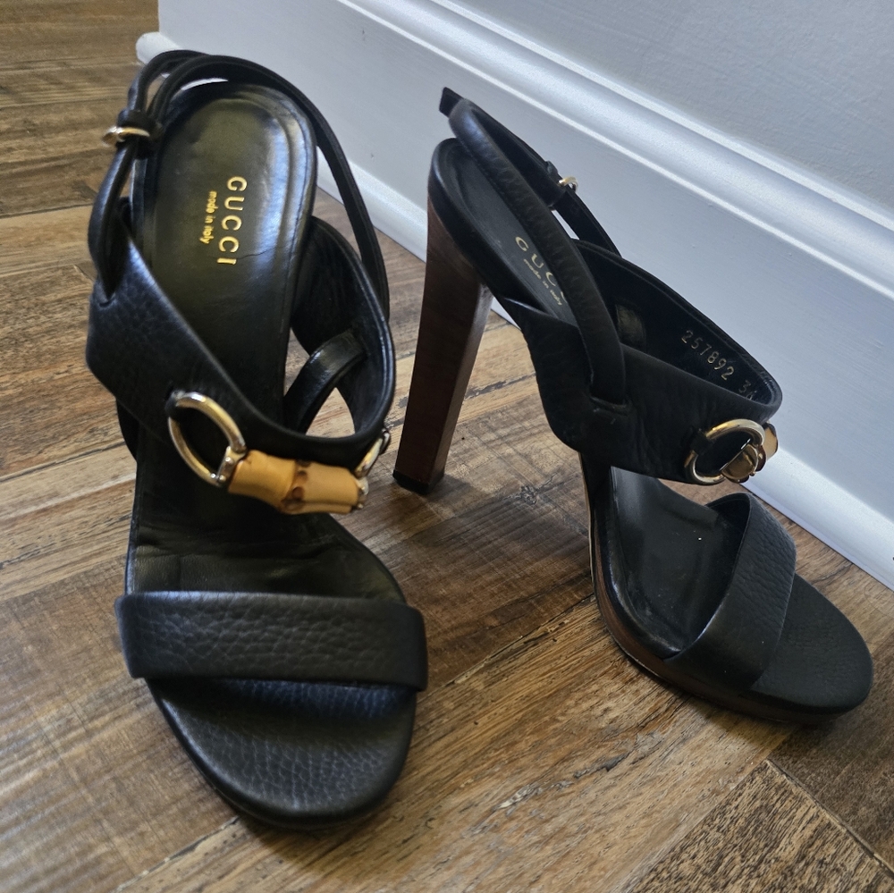 Gucci Vintage Black Leather Women's Heels Sz 36 (Us 6) Made In Italy